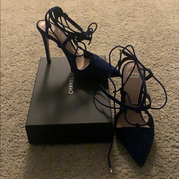 Zara Blue Suede Pointy Toe Laced Heels 38 - Picture 2 of 6